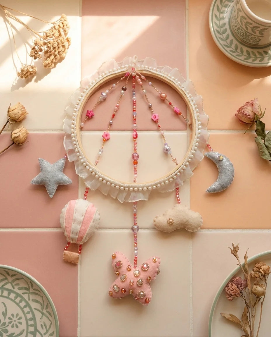 Handmade felt keepsakes arranged on warm cream linen