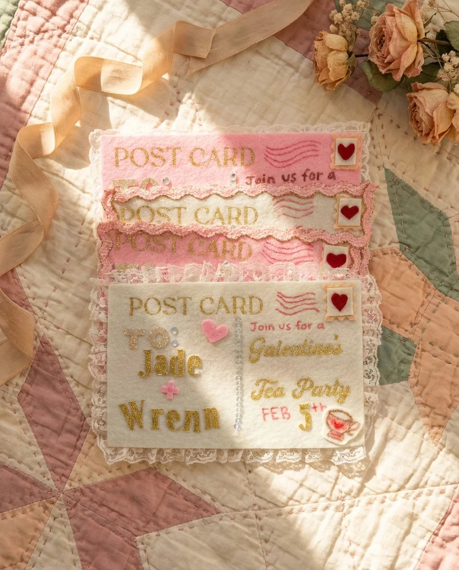 Stack of handmade felt postcard invitations