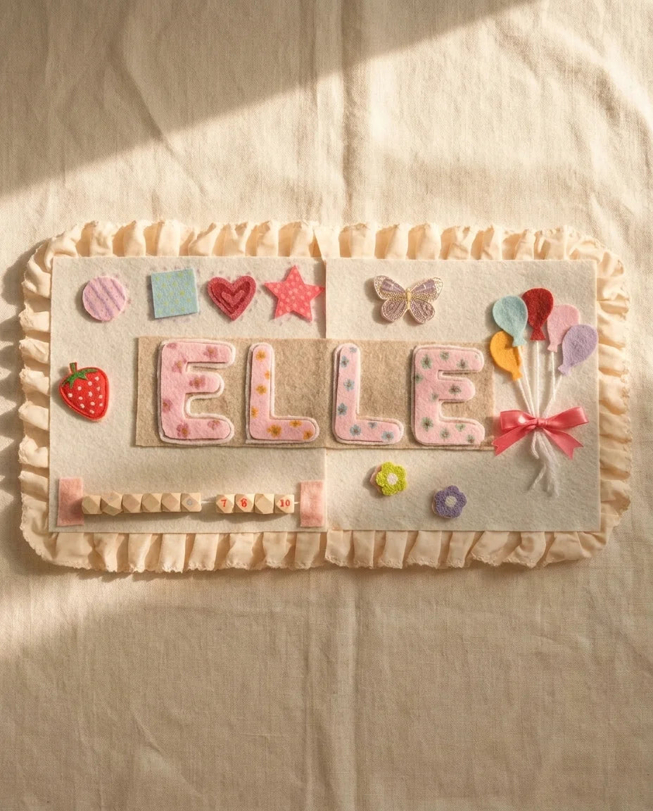 Handmade felt ELLE name pillow on ruffled cream background