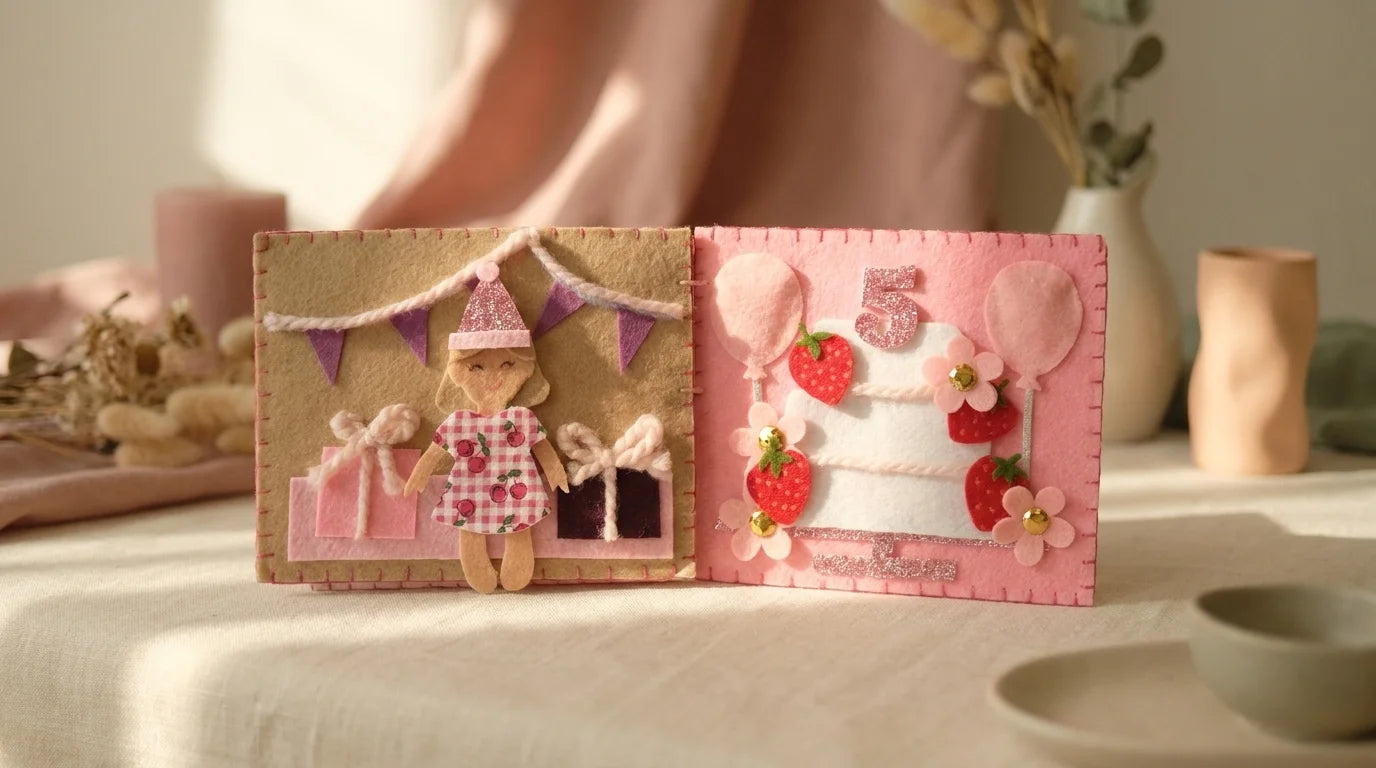 Handmade felt quiet book open to a birthday scene